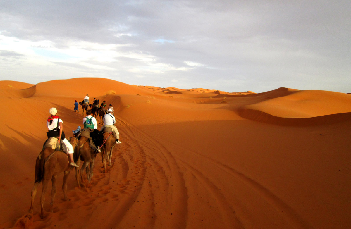 Camel riding in the Sahara Desert near Merzouga, Morocco