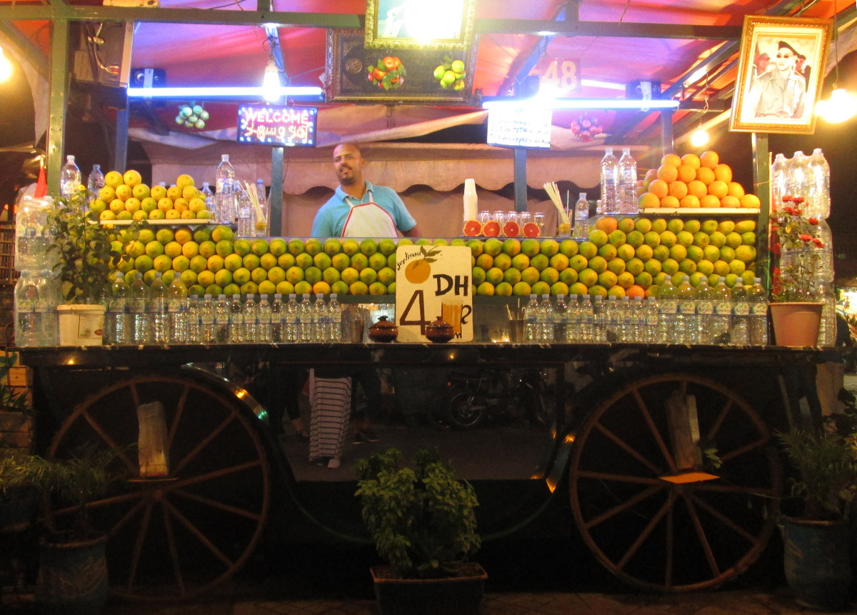 An orange juice stand in Jemaa El Fna square in Marrakesh, Morocco