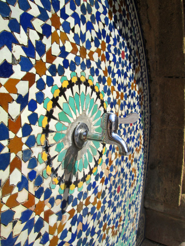 Zelij fountain on the outside of the Mohammed V Mausoleum in Rabat Morocco