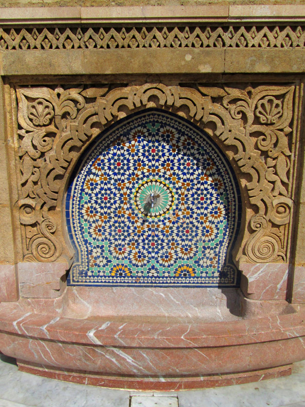 Zelij fountain on the outside of the Mohammed V Mausoleum in Rabat Morocco