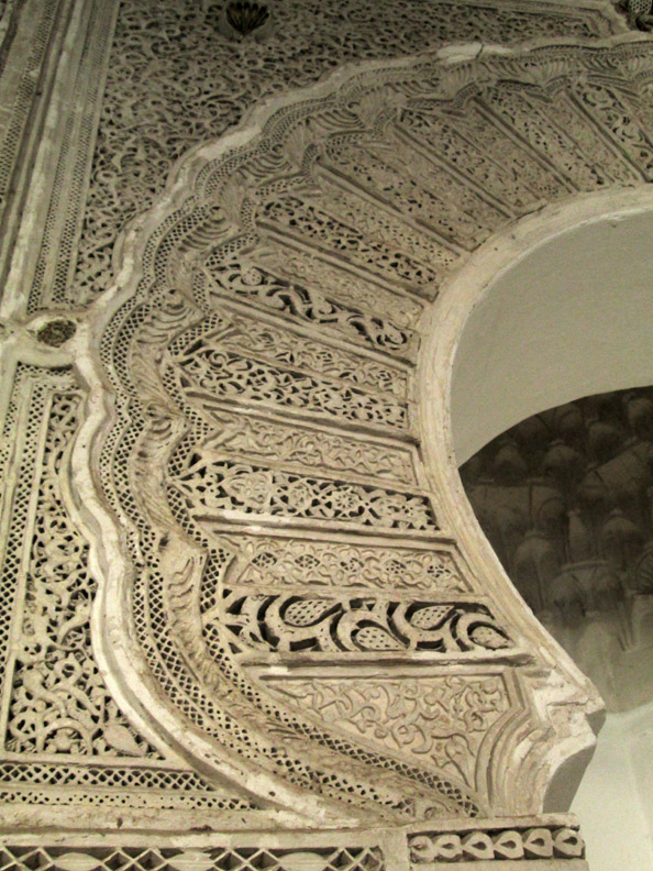 Stucco detail on a doorway of Madrasa Bou Inania in Meknes Morocco