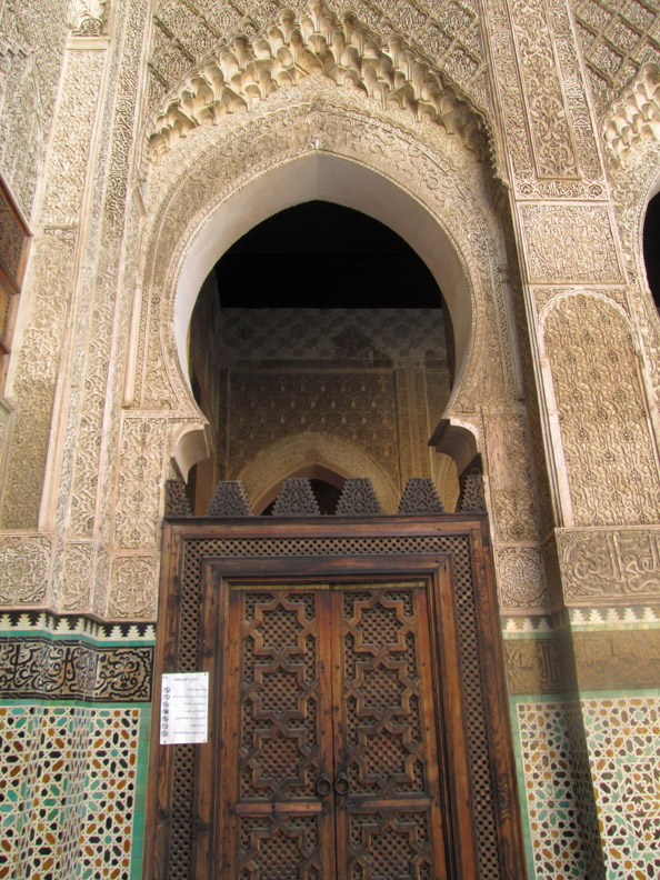 A wooden door in the Medersa Bou Inania in Fes Morocco