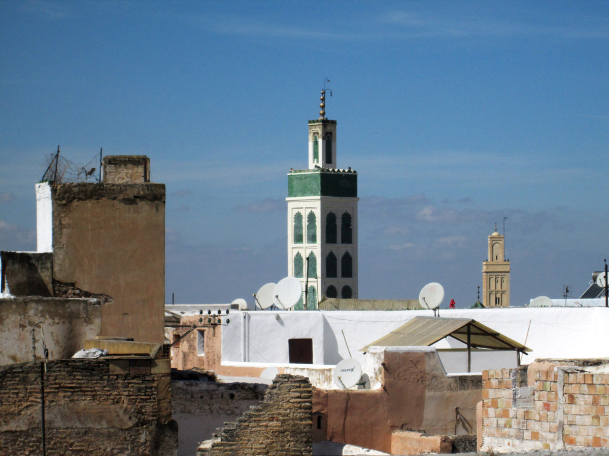 The view out of a window overlooking Meknes at the  Madrasa Bou Inania in Meknes Morocco