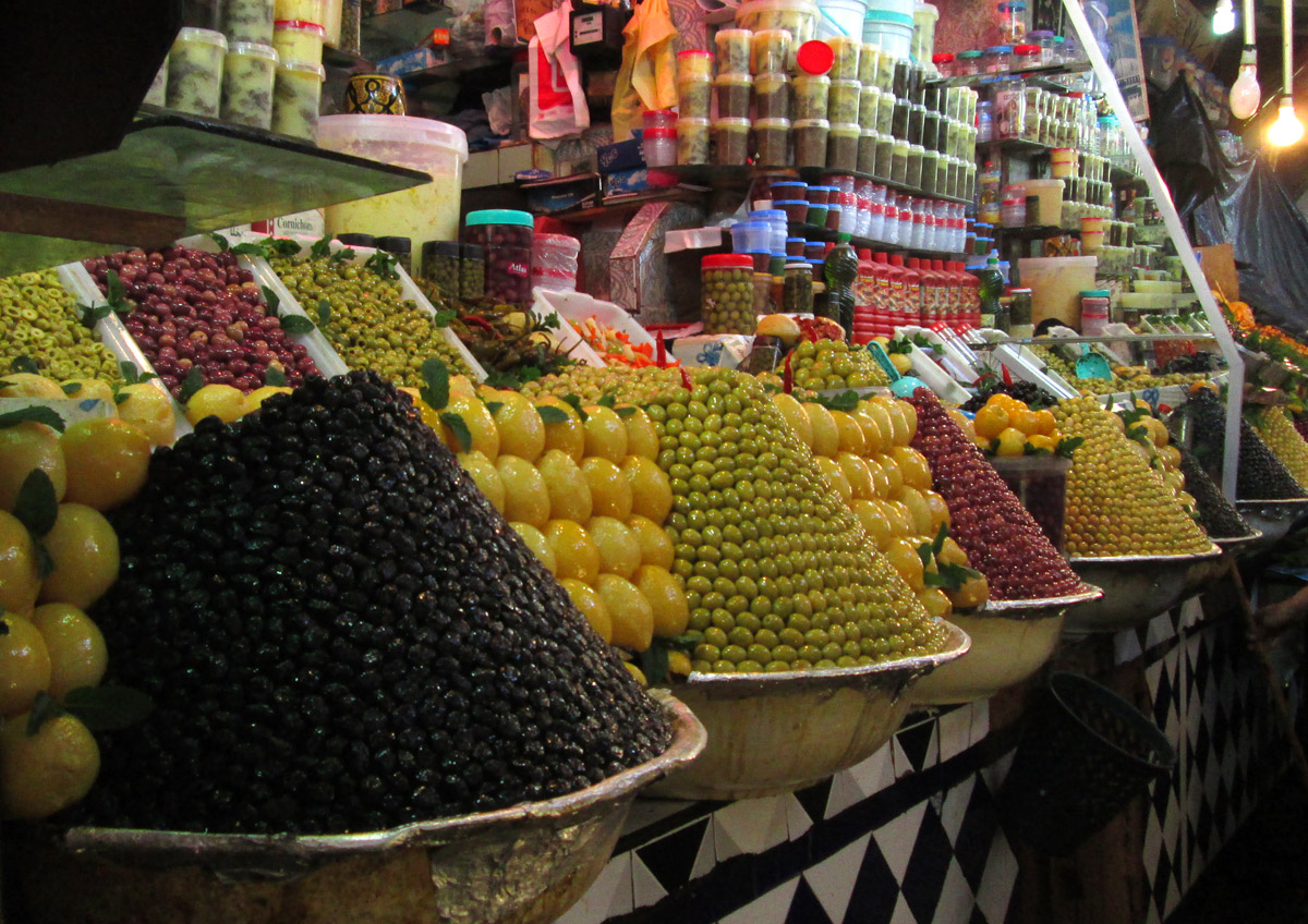 Olives for sale in the souks of Meknes Morocco