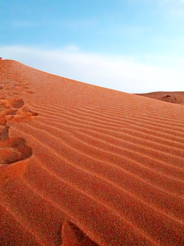 Footprints in the sand dunes of the Sahara Desert near Merzouga Morocco